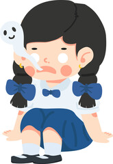 A girl is sitting on the ground with her head down