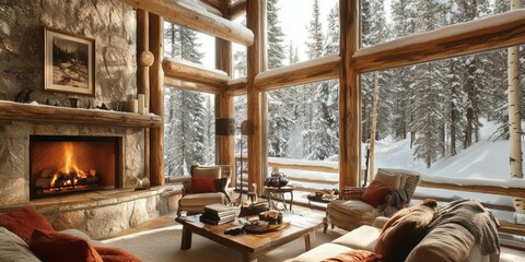 A rustic cabin living room with log furniture, a roaring fireplace, and large windows showcasing snow-covered pines outside, creating a warm and inviting retreat from the cold