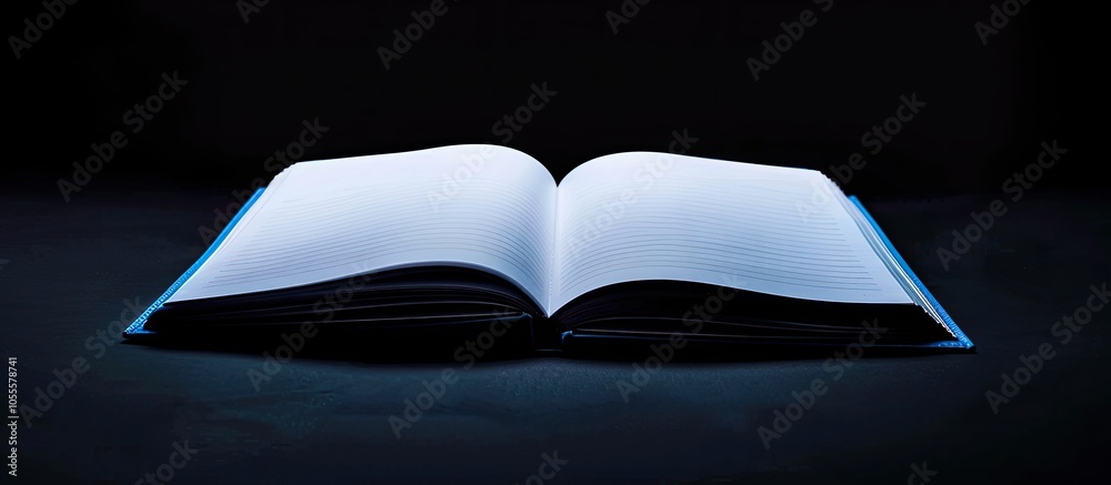 Poster notebook open against a black backdrop with copy space image