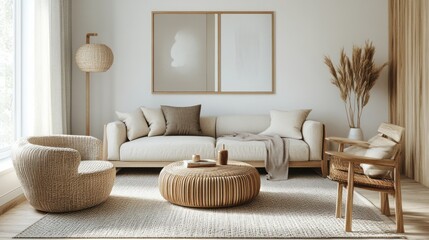 A living room with light wood furniture, subtle geometric patterns, and calming neutral tones