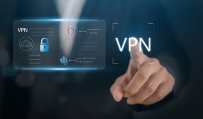 Human with vpn interface and security icons, online privacy, encrypted connection, virtual private network, cyber security, internet safety, data protection, anonymous browsing, secure communication