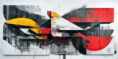 Naklejka premium A vibrant geometric abstract mural displays dynamic shapes and colorful elements. Textured, bold layers with urban flair and artistic composition. Modern art expression with layered forms urban