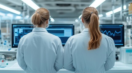 Obraz premium Two lab professionals in white coats observe data on monitors in a modern research facility, showcasing collaboration and technological advancement in science.