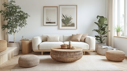 A living room with light wood furniture, subtle geometric patterns, and calming neutral tones