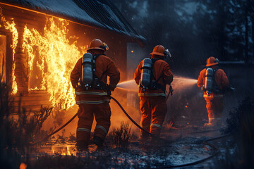 Firefighters wearing orange uniforms are fighting a burning fire with all their might, using special chemicals to control the fire.