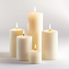 A set of pillar candles with flames gently flickering, isolated on a white background, creating a warm and peaceful ambiance.

