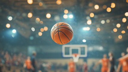 Close-up of a basketball in flight with a blurred competitive background, capturing the excitement and energy of a live game.
