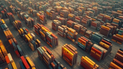 Aerial view of container yard with shipping containers of different sizes, logistics