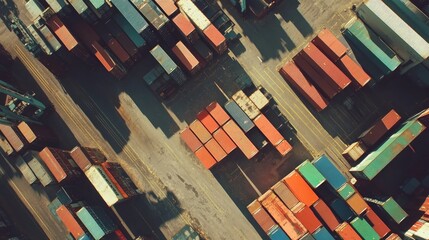 Aerial view of container yard with shipping containers of different sizes, logistics