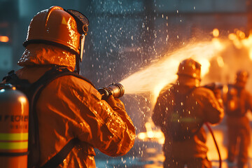 Firefighters wearing orange uniforms are fighting a burning fire with all their might, using special chemicals to control the fire.
