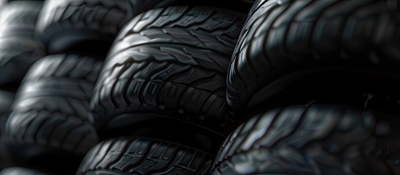 A stack of new car tires neatly arranged in a close up shot showcasing the visible tread with ample copy space image