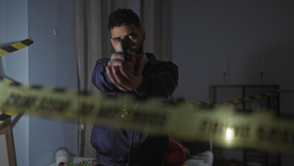 Hispanic man pointing a gun in a dimly lit indoor crime scene with police tape across the room.