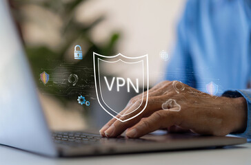 Human with vpn interface and security icons, online privacy, encrypted connection, virtual private...