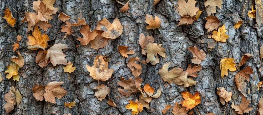 Wall mural tree trunk covered with small fallen leaves against a bark background copy space image