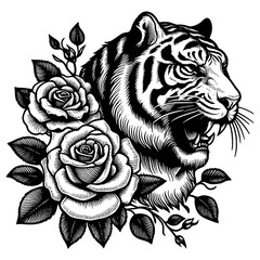 roaring tiger surrounded by blooming roses, tattoo. Fierce wildlife with delicate floral elements sketch engraving generative ai PNG illustration. Scratch board imitation. Black and white image.