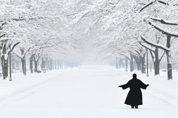 A woman is walking in the snow with her arms outstretched