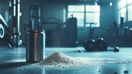 Sports Protein Powder with Blurred Gym Background
