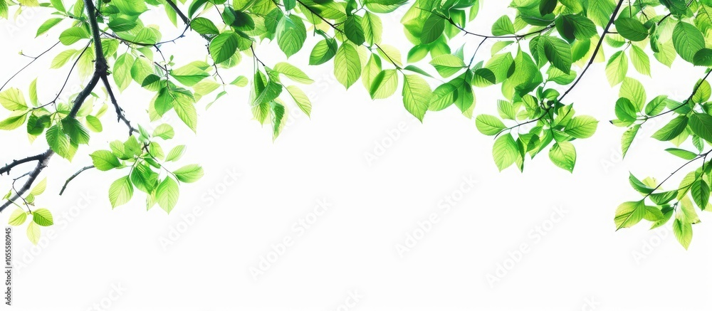 Wall mural tree branch border with green leaves on a white background copy space image