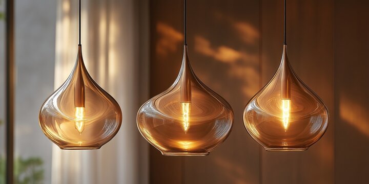 Trio of amber glass pendant lights with glowing filaments, casting a warm glow in a cozy setting