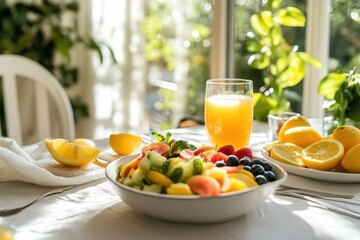 An inviting citrus breakfast setting with a glass of freshly squeezed orange juice, mixed fruit salad, and a plate of lemon pancakes, all arranged on a white tablecloth with a sunny window backdrop.