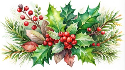 Festive Christmas bouquet with holly berries and leaves on white background