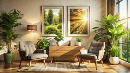 Warm Interior Room with Double Exposure Photography of Picture Frames, Furniture, and Plant Under Sunshine for Poster