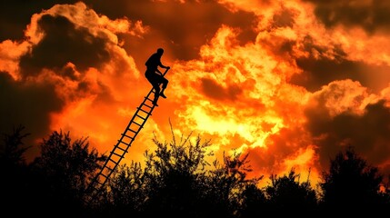 Daring Escape into the Fiery Sky Silhouetted Figure Climbing Ladder Through Dramatic Orange Clouds