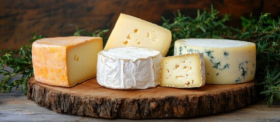 Composition Of Different Type Of Cheese On Wooden Board