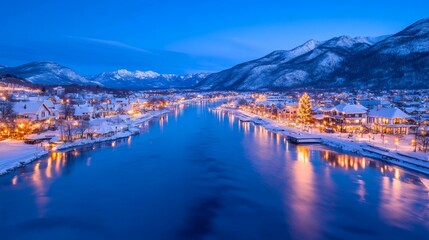 A picturesque snowy town nestled on an island surrounded by a winding river in a winter landscape.