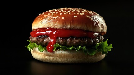 Juicy hamburger oozing with ketchup against a simple black background Appealing and mouthwatering