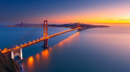 Fototapeta premium A scenic bridge spans a tranquil river, surrounded by lush greenery and a clear blue sky.