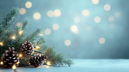 Obraz premium Festive corner decor featuring pine branches pinecones and fairy lights against a soft blue textured backdrop