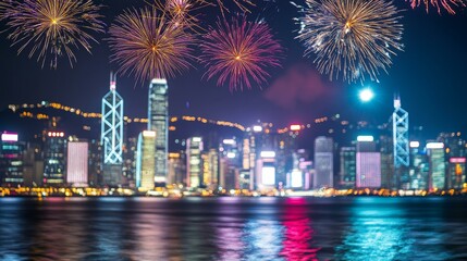 A vibrant city skyline at dusk with illuminated skyscrapers and a colorful sky in the background.