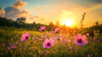 Obraz premium Flowers in a field with a setting sun in the background creating a vertical nature scene