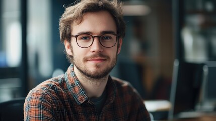 Obraz premium Portrait of a male freelancer programmer with selective focus and ample copy space