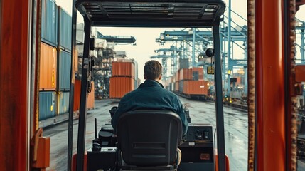 Naklejka premium Back view of logistics coordinator driving a container forklift, container being lifted at shipping port, front view, cargo handling efficiency