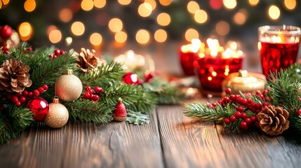 Festive Christmas decorations on a rustic wooden table with warm twinkling lights in the blurred background.