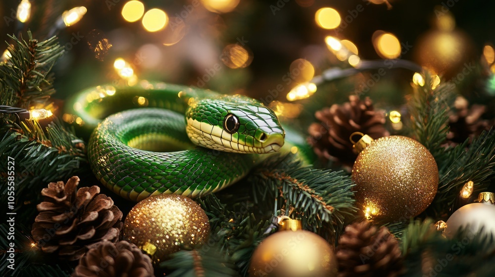 Aufkleber A green snake is curled around a pine tree branch with Christmas ornaments and lights. The snake is in focus and the rest of the image is blurred.