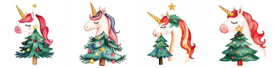Fototapeta premium Four whimsical unicorns adorned with festive decorations stand beside Christmas trees, showcasing colorful manes and cheerful holiday spirit.