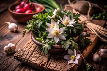 Fototapeta premium White Wood Anemone Delicacies: Nature's Edible Beauty for Culinary Art and Food Photography
