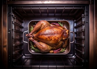 Fototapeta premium Whole Roast Turkey in Oven: Golden Brown Perfection for Thanksgiving Dinner