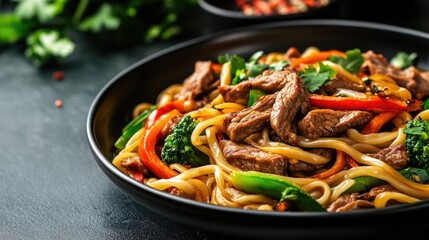 Stir fried noodles with beef and a mix of fresh vegetables