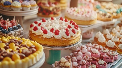 Display of various desserts including pies cakes and candies in a confectionery shop