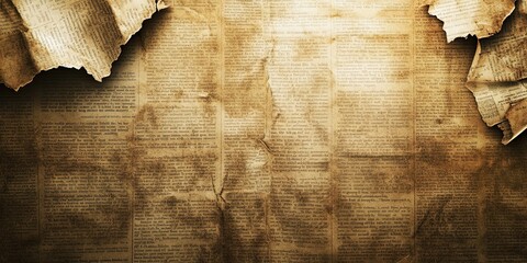 Vintage newspaper with sepia texture. An antique document, aged and torn, captures historic print. Nostalgia in a classic style, perfect for media or storytelling backgrounds.