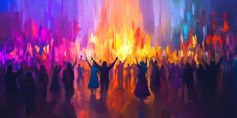 Vibrant cultural festival panorama, expressionism art style, innovative lighting effects, colorful costumes and lively atmosphere, evoking joy and unity, digital painting technique