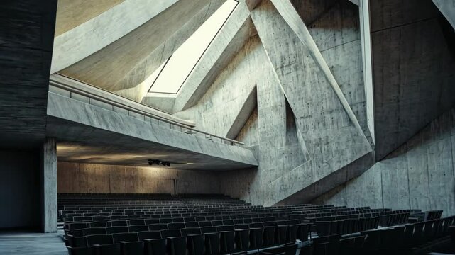 Cold, empty brutalist theater with exposed concrete balconies and stark, angular seating, creating an oppressive, alienating atmosphere. . Video