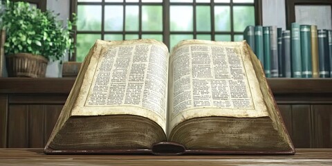 Antique open book in anime style. Old book holds pages filled with text and wisdom. Literature and knowledge within library walls. Educational scholarly, detailed vintage illustration rich in