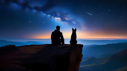 Boy and dog admire the majestic scenery