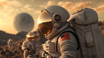 Fototapeta premium Group of Astronauts in Space Suits Exploring Terrain