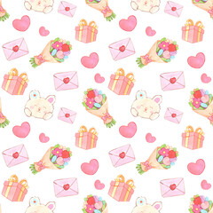 A seamless pattern of gifts and letters representing love, a watercolor illustration.